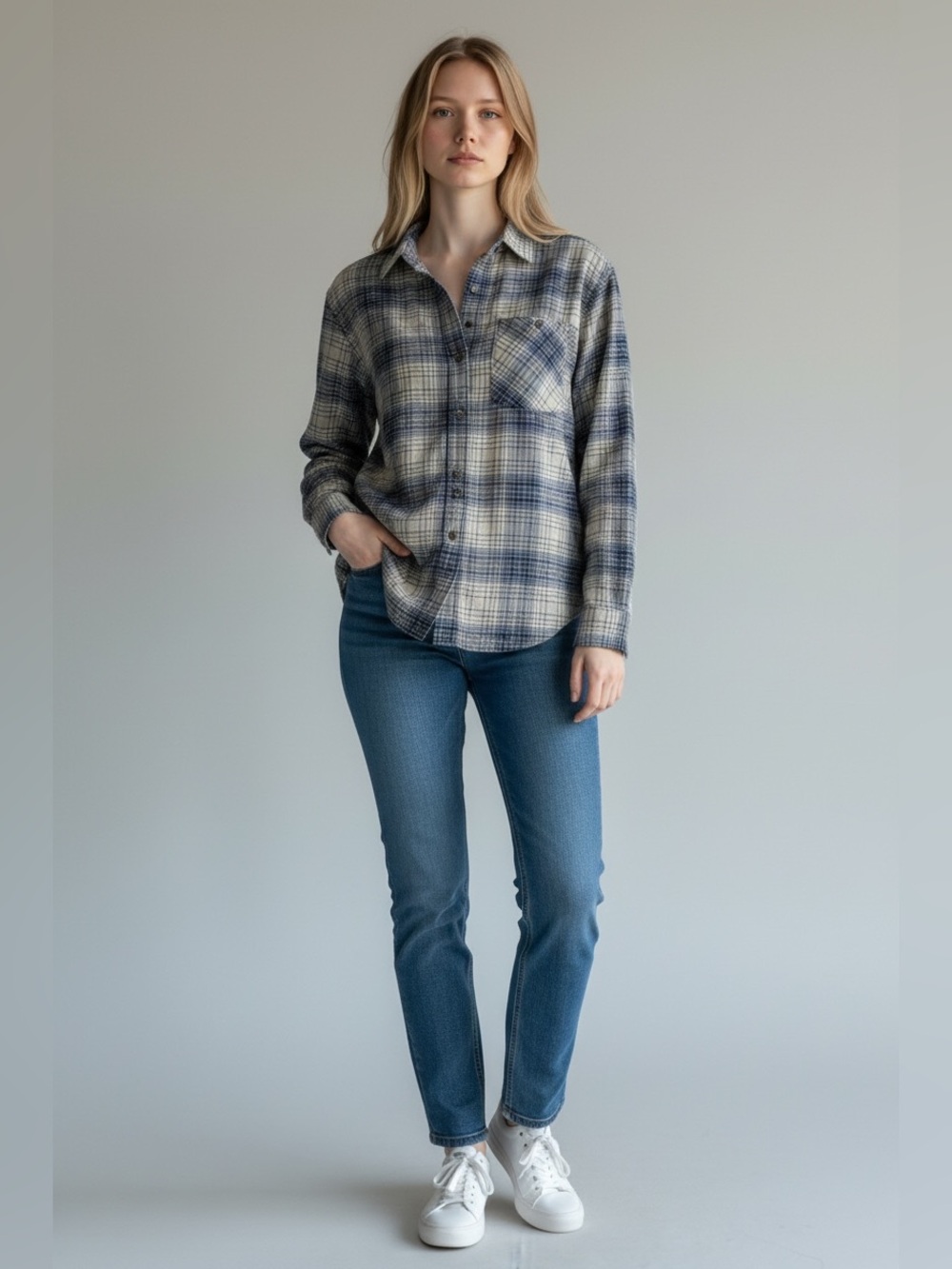 Patagonia Blue and White Plaid Button-Down Shirt - Lightweight Cotton